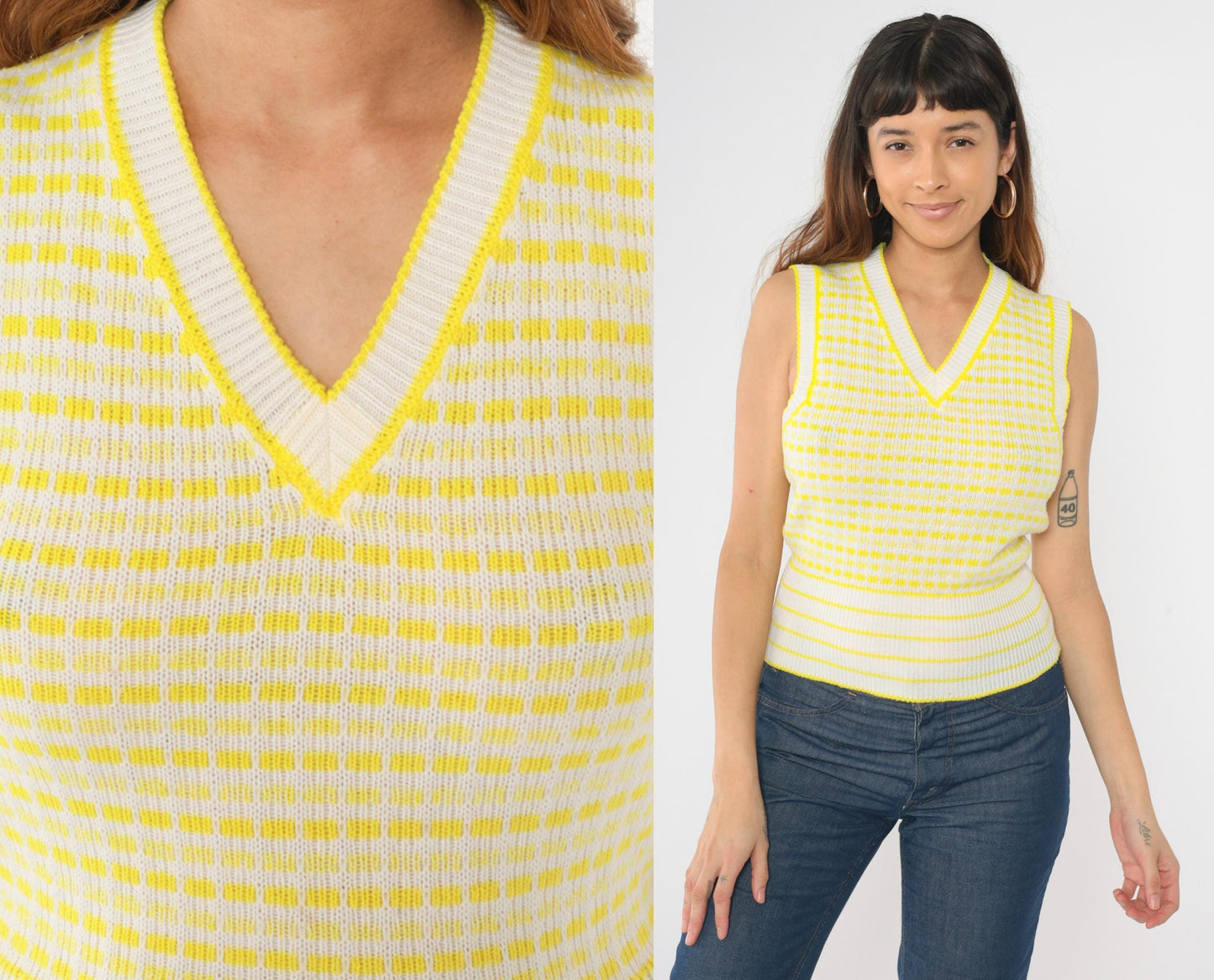 70s Sweater Vest White Yellow Striped Square Print V-Neck Pullover Small