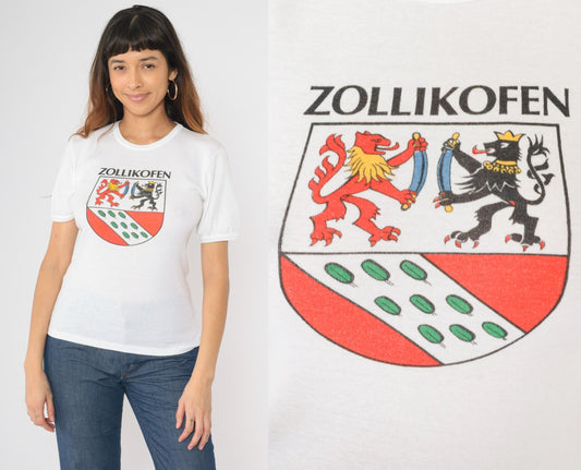80s Zollikofen Switzerland Coat of Arms Graphic T-Shirt White Small