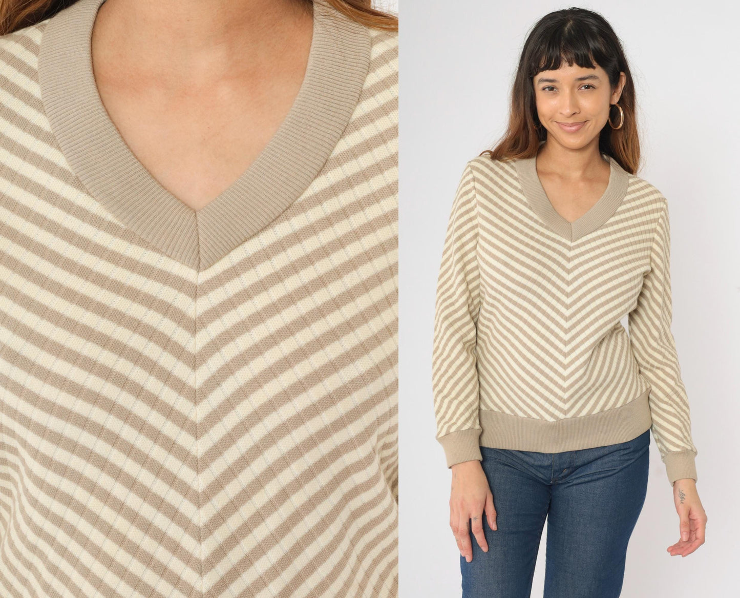 70s Tan Chevron Striped V-Neck Sweater Wool Blend Knit Small Medium