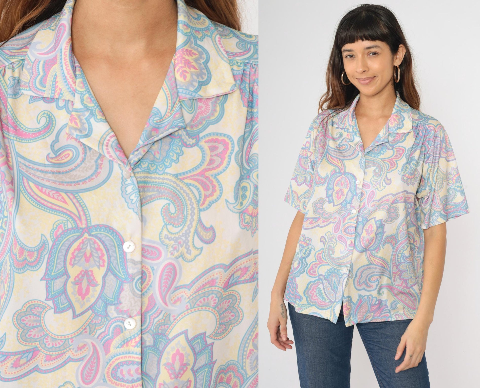 Y2K Paisley Button-Up Blouse Psychedelic Print Short Sleeve Top Large L