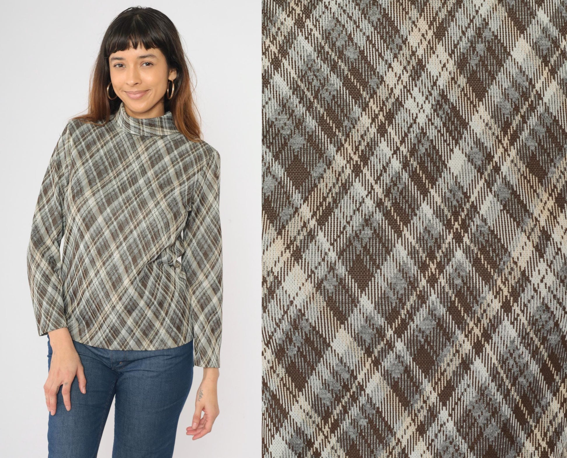 70s Brown Grey Plaid Turtleneck Shirt Long Sleeve High Neck Medium M
