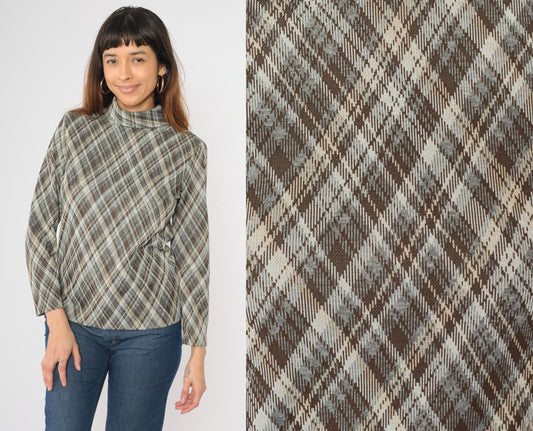 70s Brown Grey Plaid Turtleneck Shirt Long Sleeve High Neck Medium M