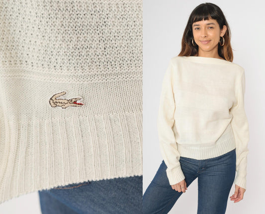 80s Izod Lacoste Boatneck Sweater Cream Knit Crocodile Logo Medium