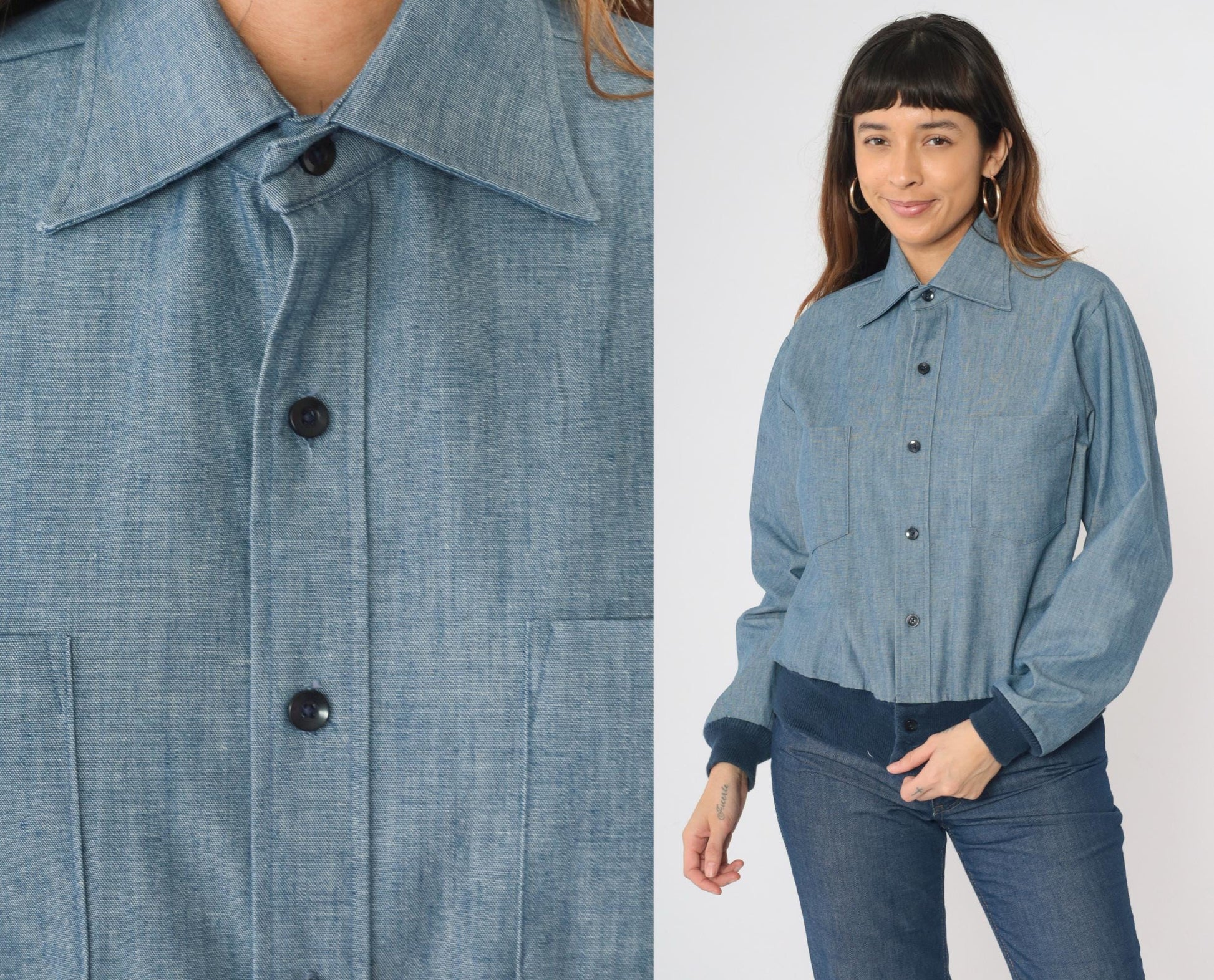 70s H.I.S Chambray Work Jacket Blue Button Up Utility Shirt Medium