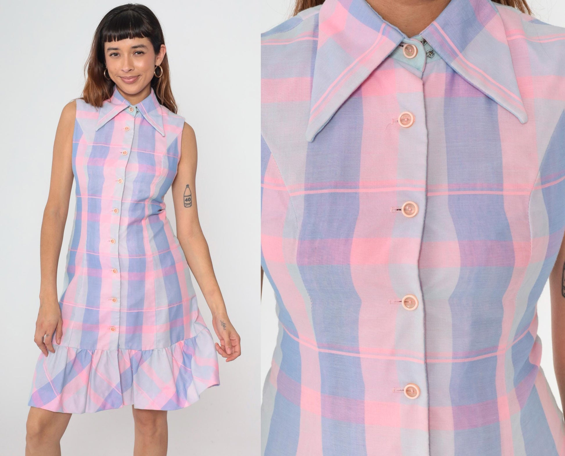 70s Burt Stanley Pastel Plaid Button-Down Dress Dagger Collar Knee-Length Small