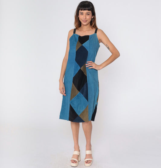 90s Blue Patchwork Corduroy Midi Dress Sleeveless Lace-Up Back Medium