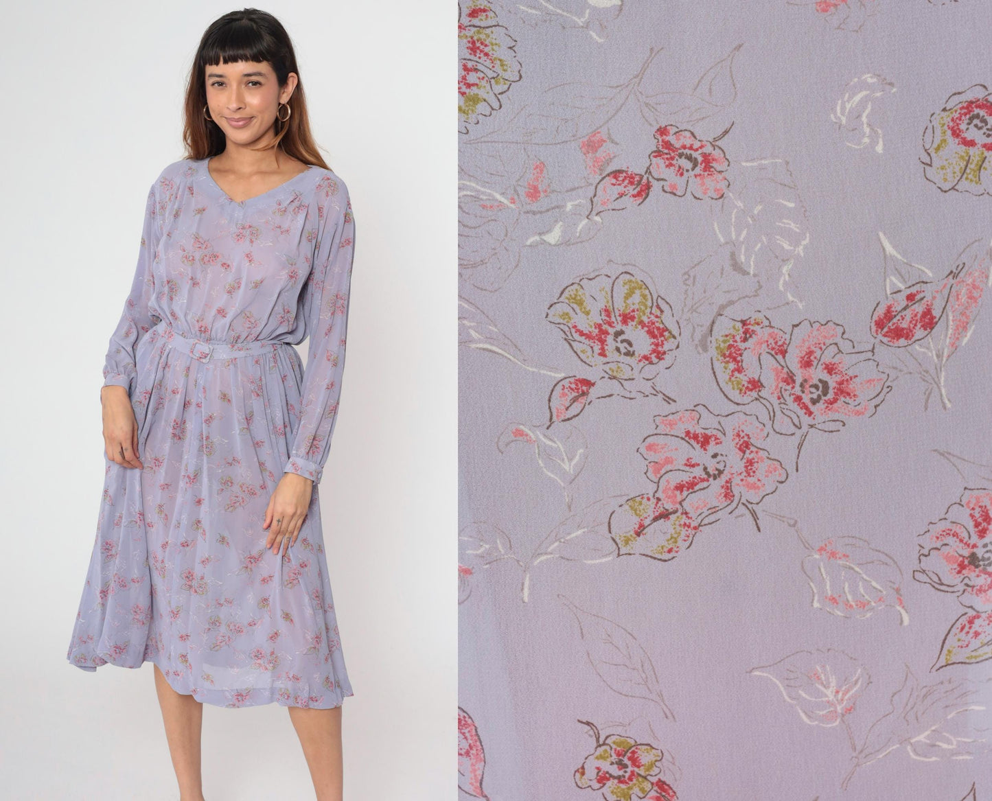 80s Lavender Floral Midi Dress High Waist Long Sleeve V-Neck Small Medium