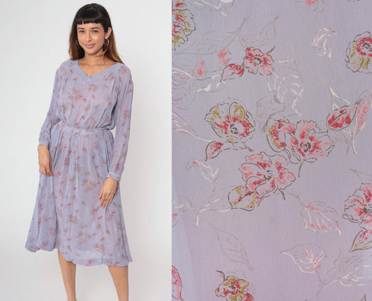 80s Lavender Floral Midi Dress High Waist Long Sleeve V-Neck Small Medium