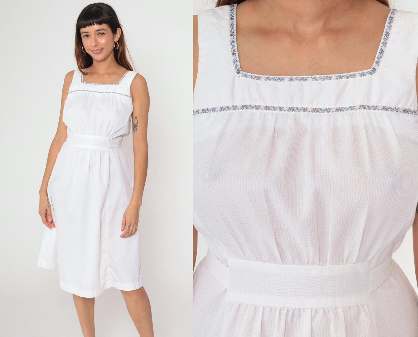 70s White Floral Embroidered Midi Dress Sleeveless High Waist Tie Belt Small