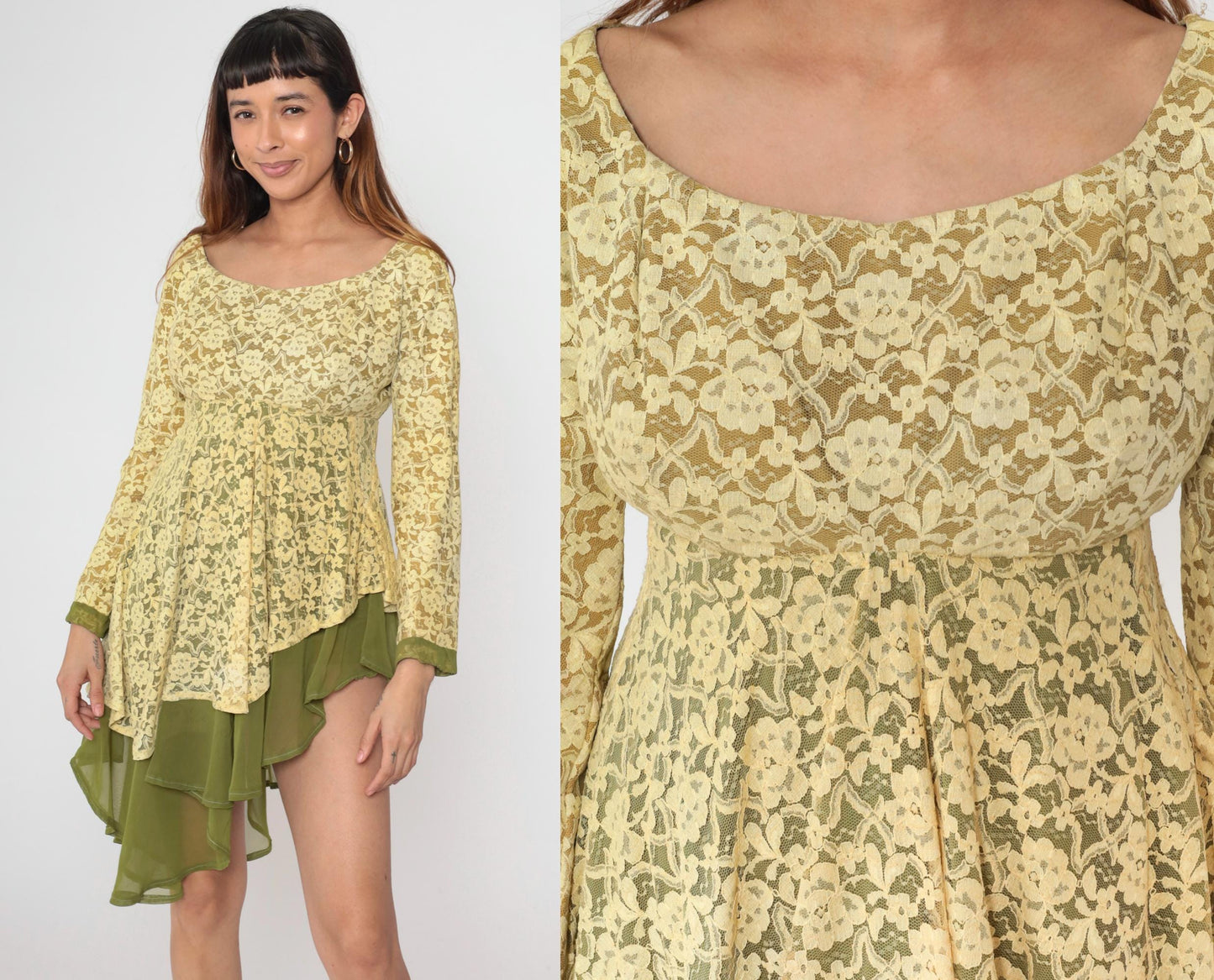 60s Yellow Lace Dress Green Sheer Empire Waist Asymmetrical Hem Small Medium
