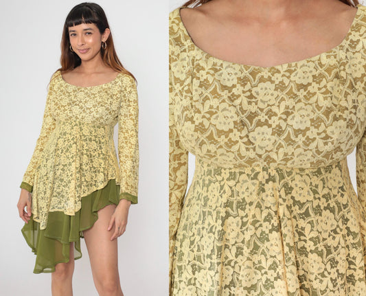 60s Yellow Lace Dress Green Sheer Empire Waist Asymmetrical Hem Small Medium