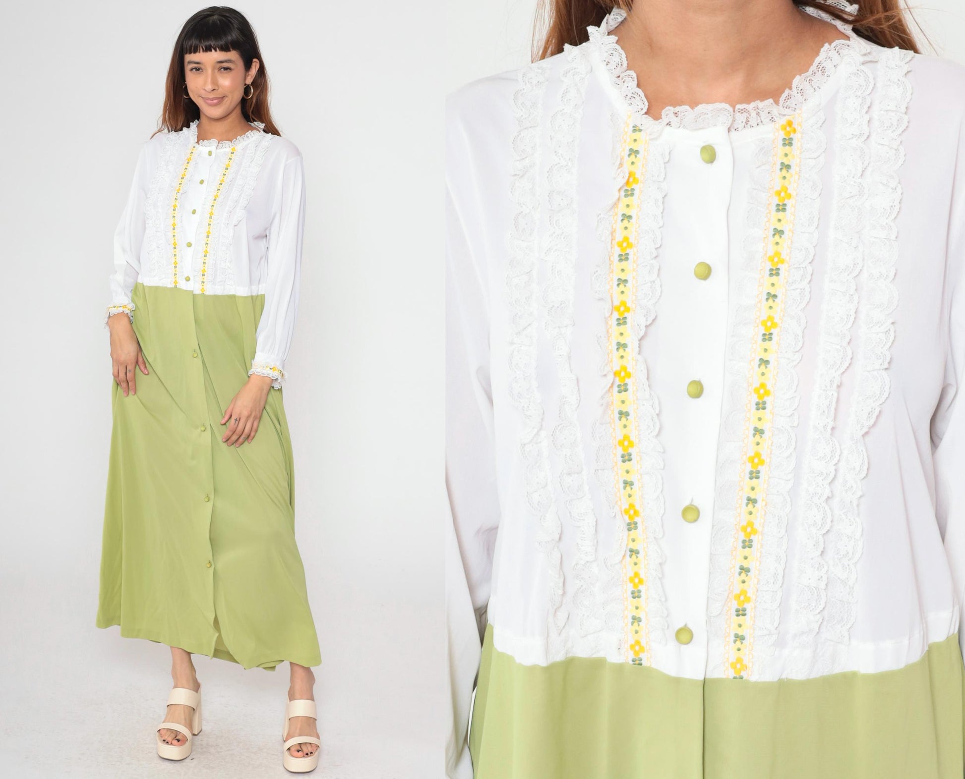 70s Gilead Two-Piece Maxi Nightgown Robe Set White Green Nylon Medium