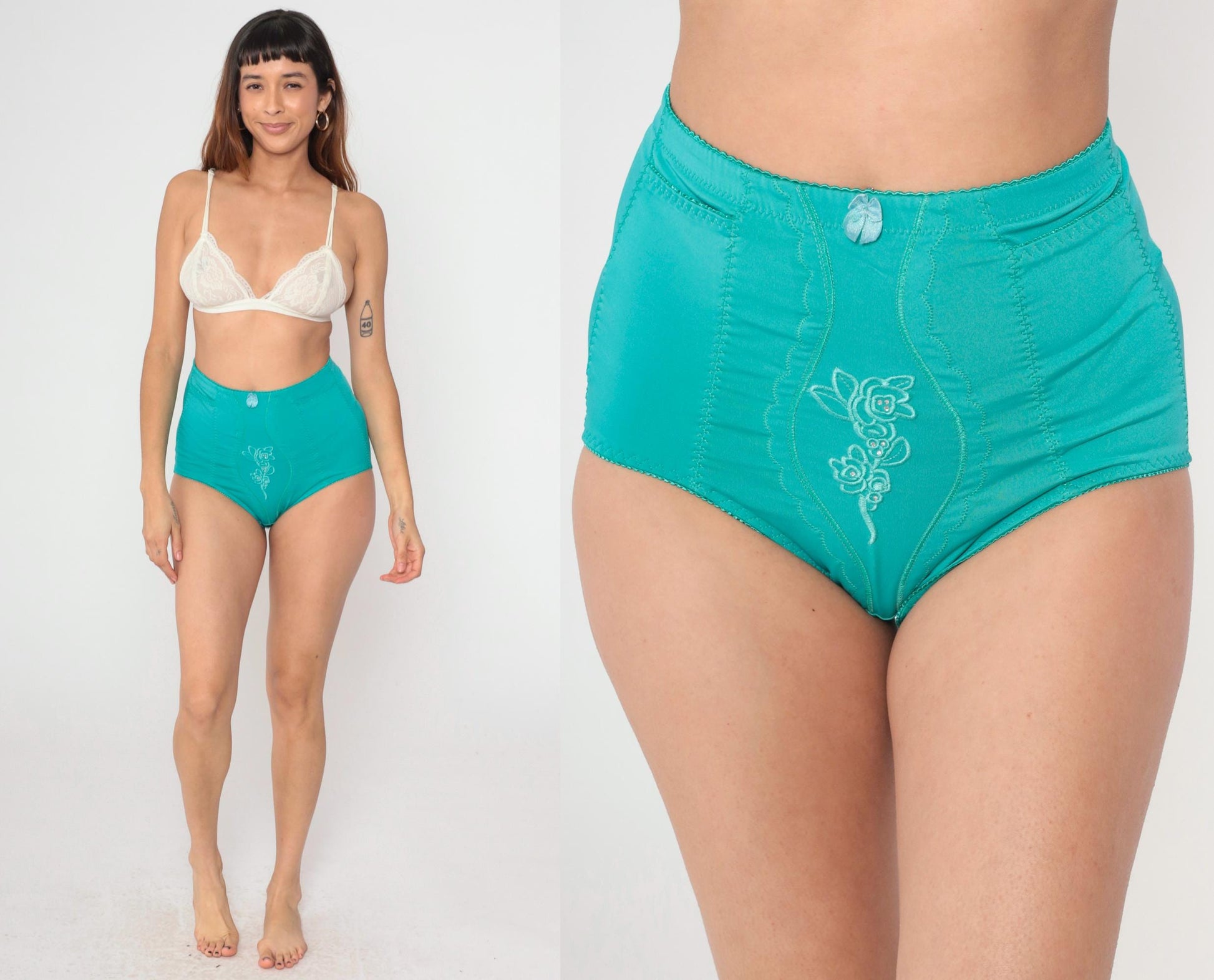 Y2K High-Waisted Teal Green Embroidered Rhinestone Briefs Shapewear Extra Large XXL