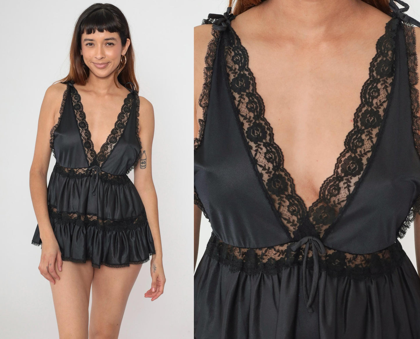 90s Jillie Black Lace Babydoll Nightgown Deep V Tie Front Small S