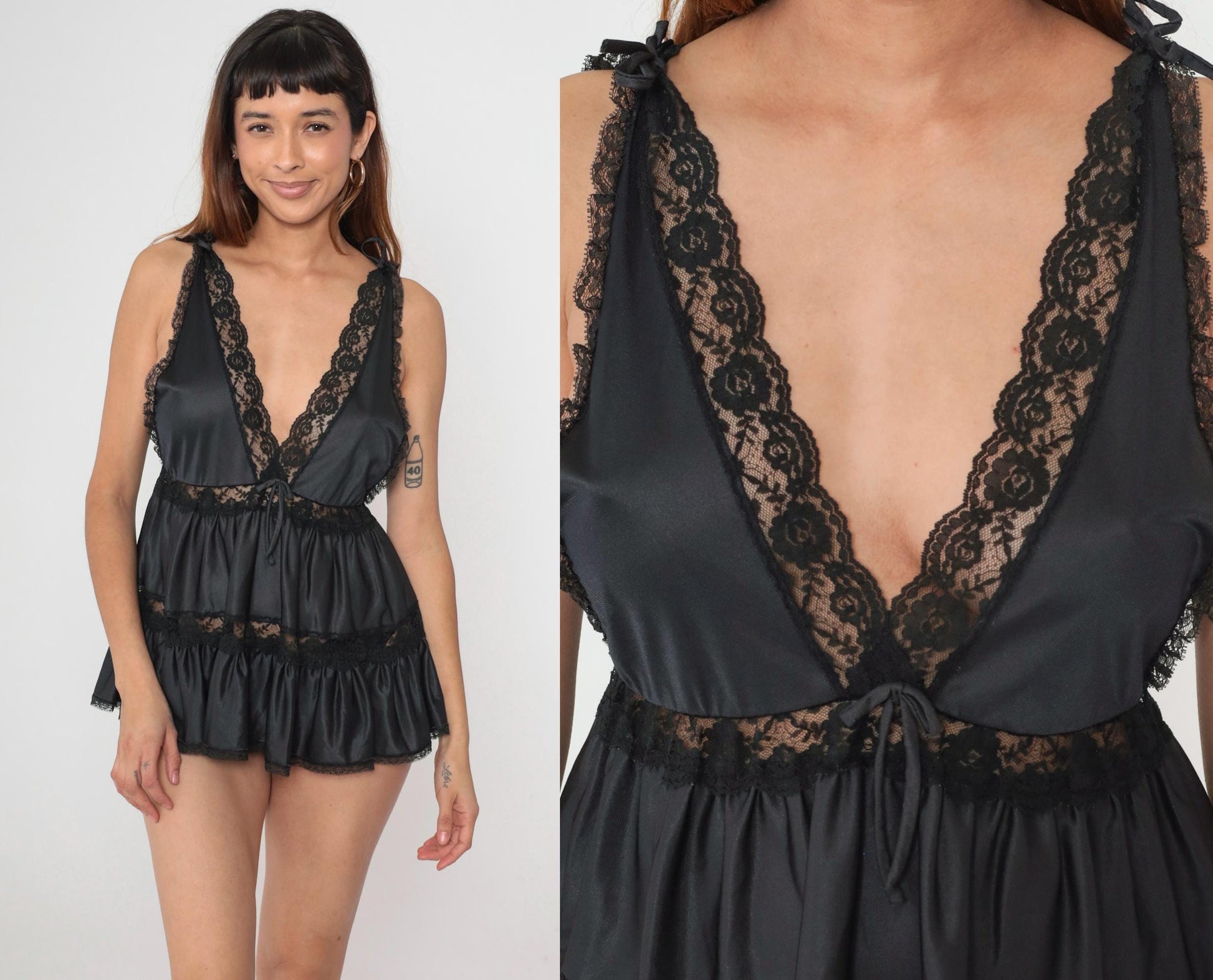 90s Jillie Black Lace Babydoll Nightgown Deep V Tie Front Small S