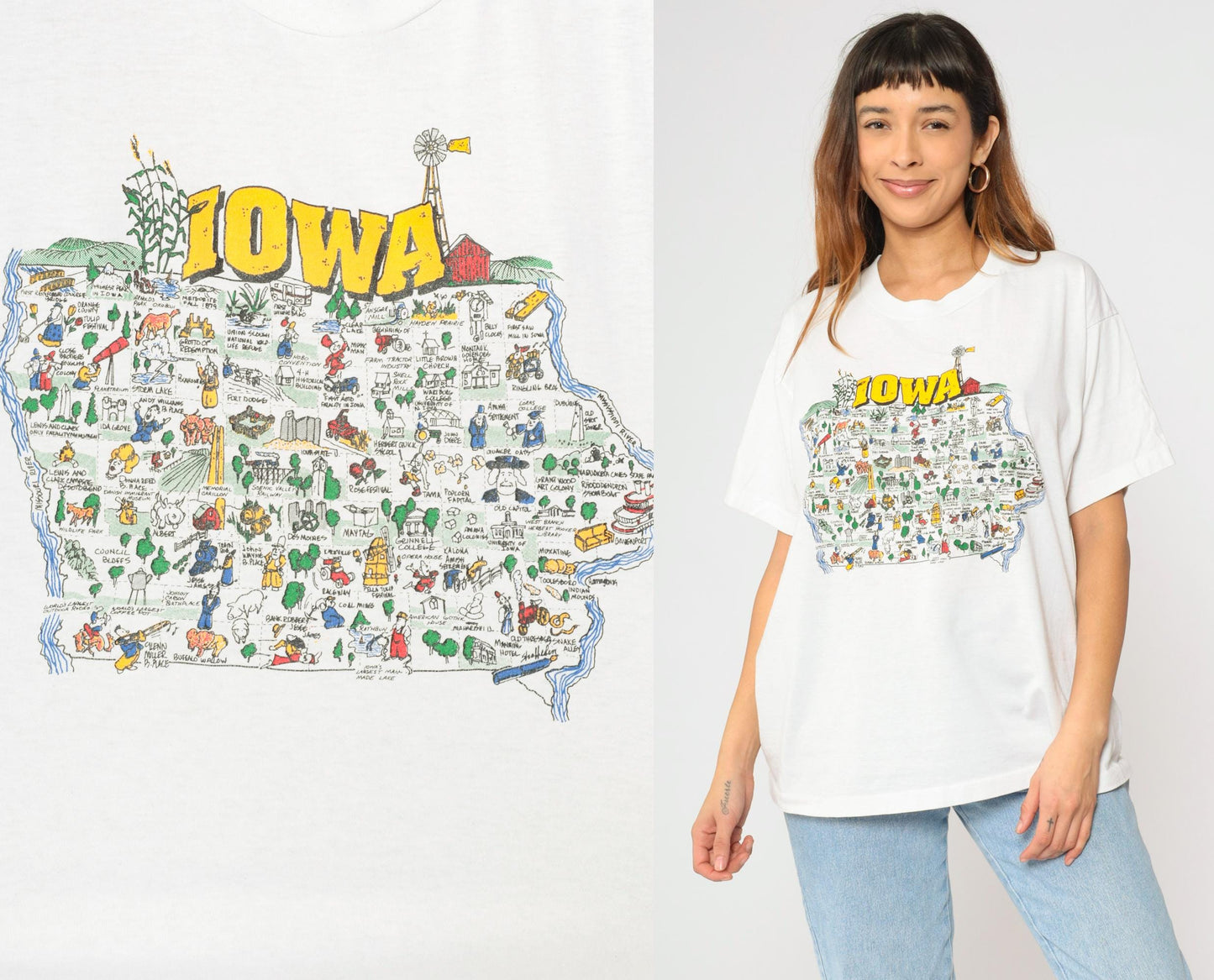 90s Iowa State Map Graphic T-Shirt White Crewneck Extra Large XL