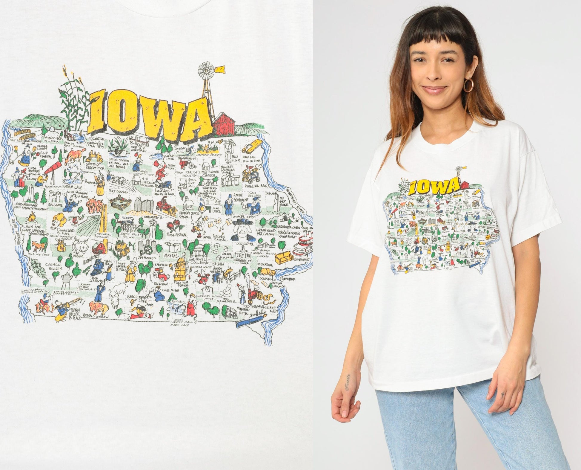90s Iowa State Map Graphic T-Shirt White Crewneck Extra Large XL