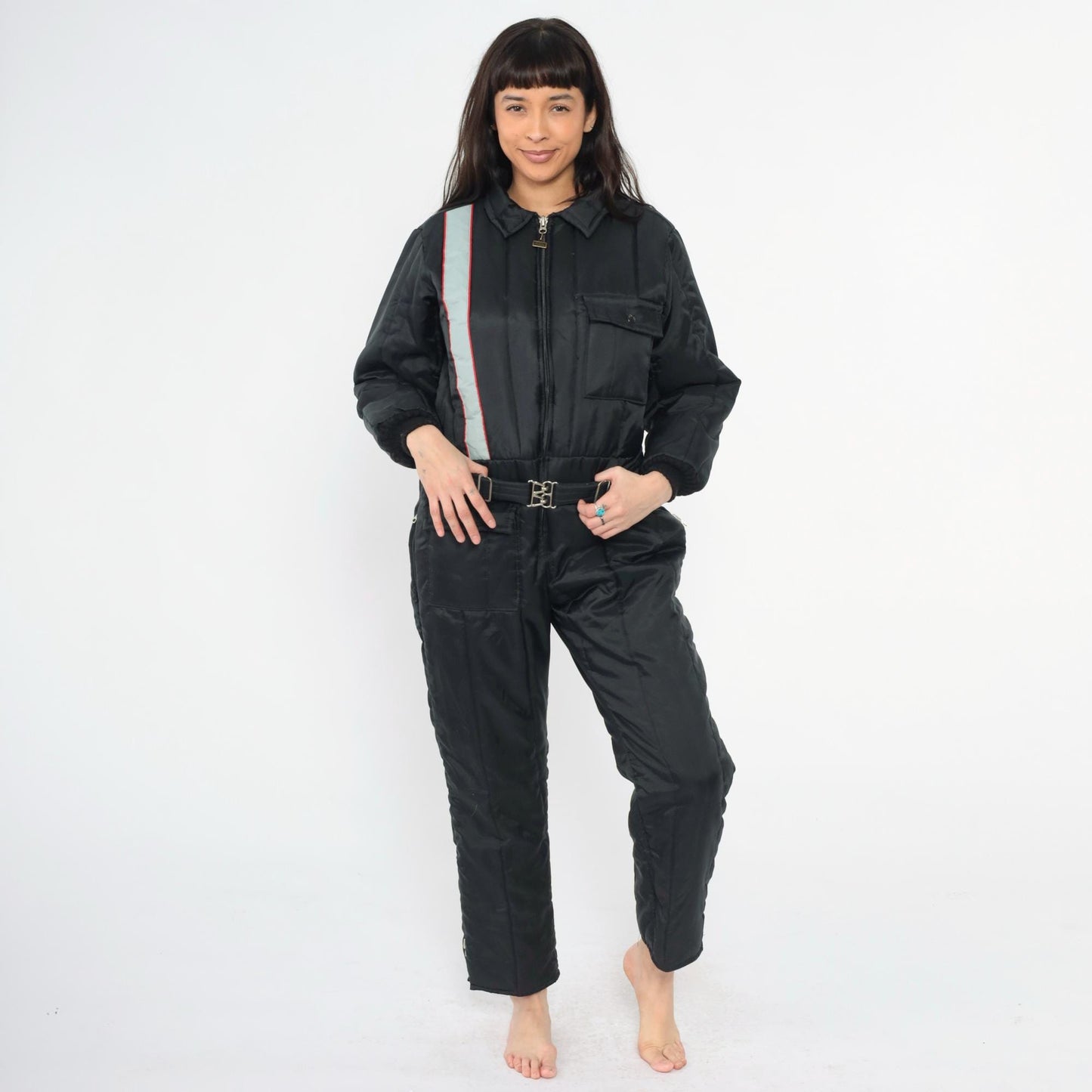 80s Walls Blizzard Pruf Black Striped Ski Suit One-Piece Snowsuit Youth 18