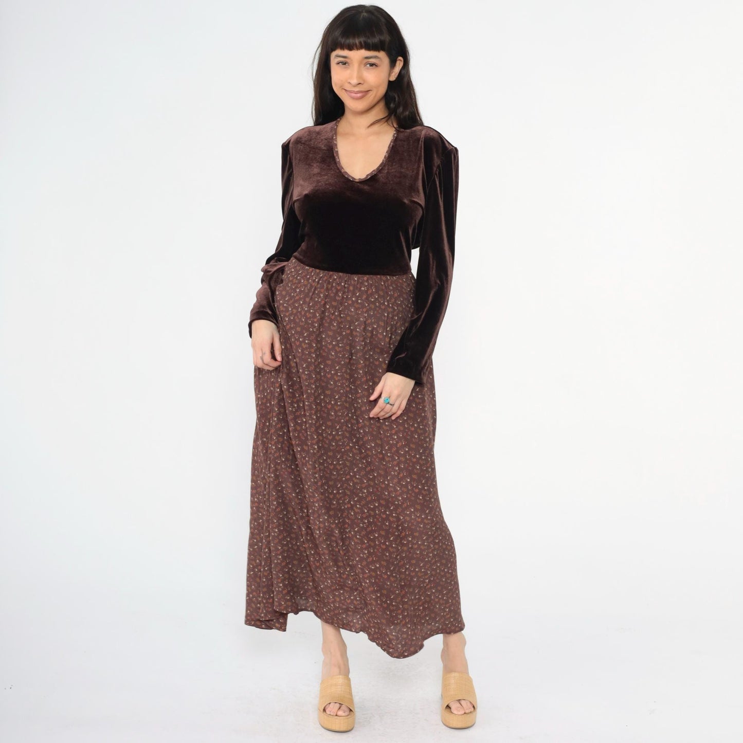 90s Zoe California Floral Velvet Maxi Dress Brown Scoop Neck High Waist Extra Large