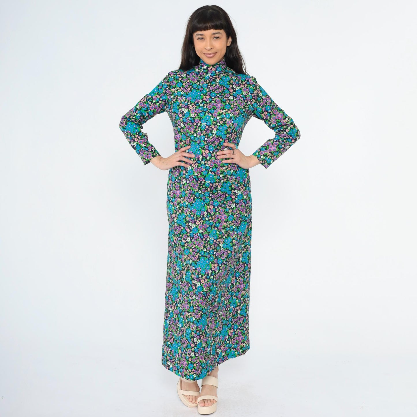 70s Blue Floral Maxi Dress Mock Neck Long Sleeve Princess Seams Small S