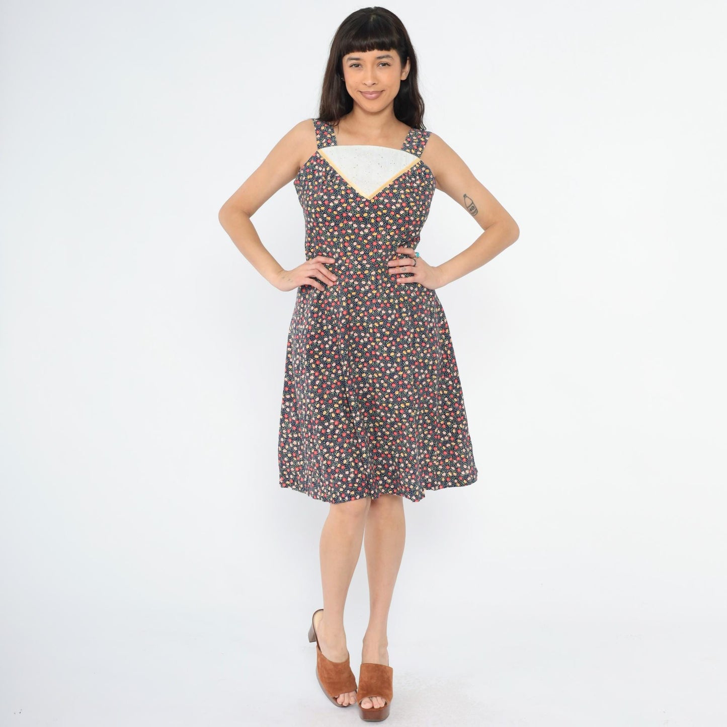 70s Navy Floral A-Line Dress Eyelet Lace Inset Sleeveless Knee Small