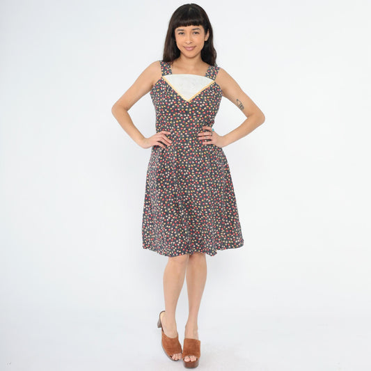 70s Navy Floral A-Line Dress Eyelet Lace Inset Sleeveless Knee Small