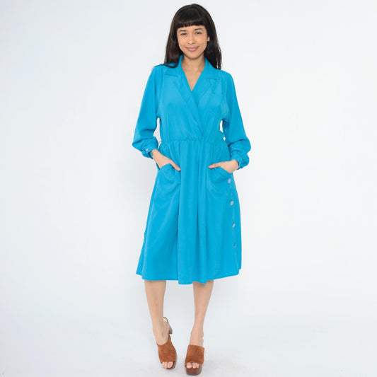 80s Leslie Fay Blue Midi Shirtdress Faux Wrap Collared Long Sleeve Medium