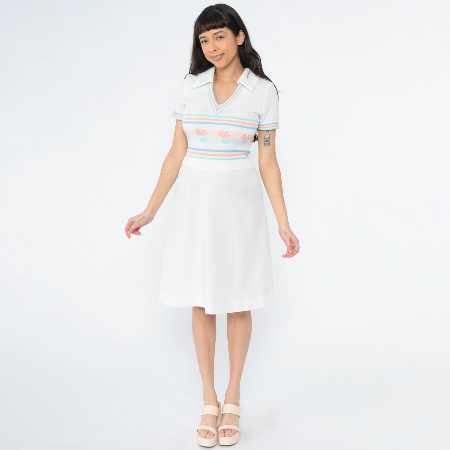 70s White Knit Dress Floral Stripe Collared V-Neck Midi Small