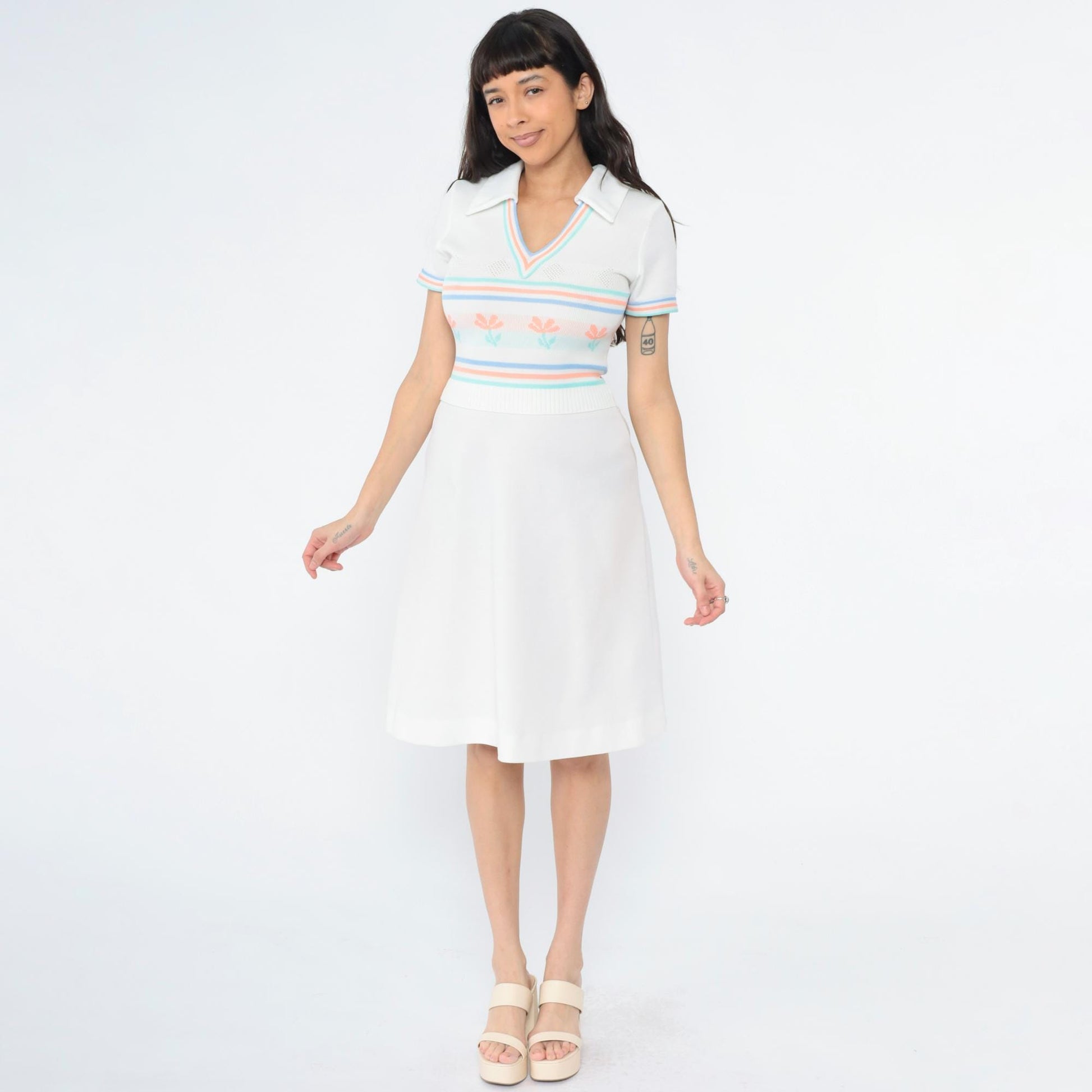 70s White Knit Dress Floral Stripe Collared V-Neck Midi Small