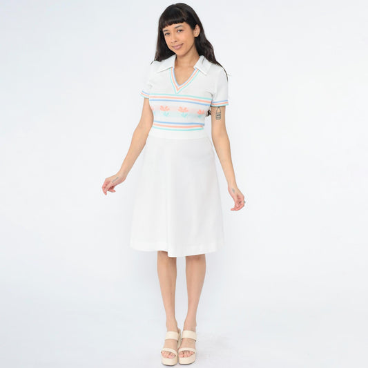 70s White Knit Dress Floral Stripe Collared V-Neck Midi Small