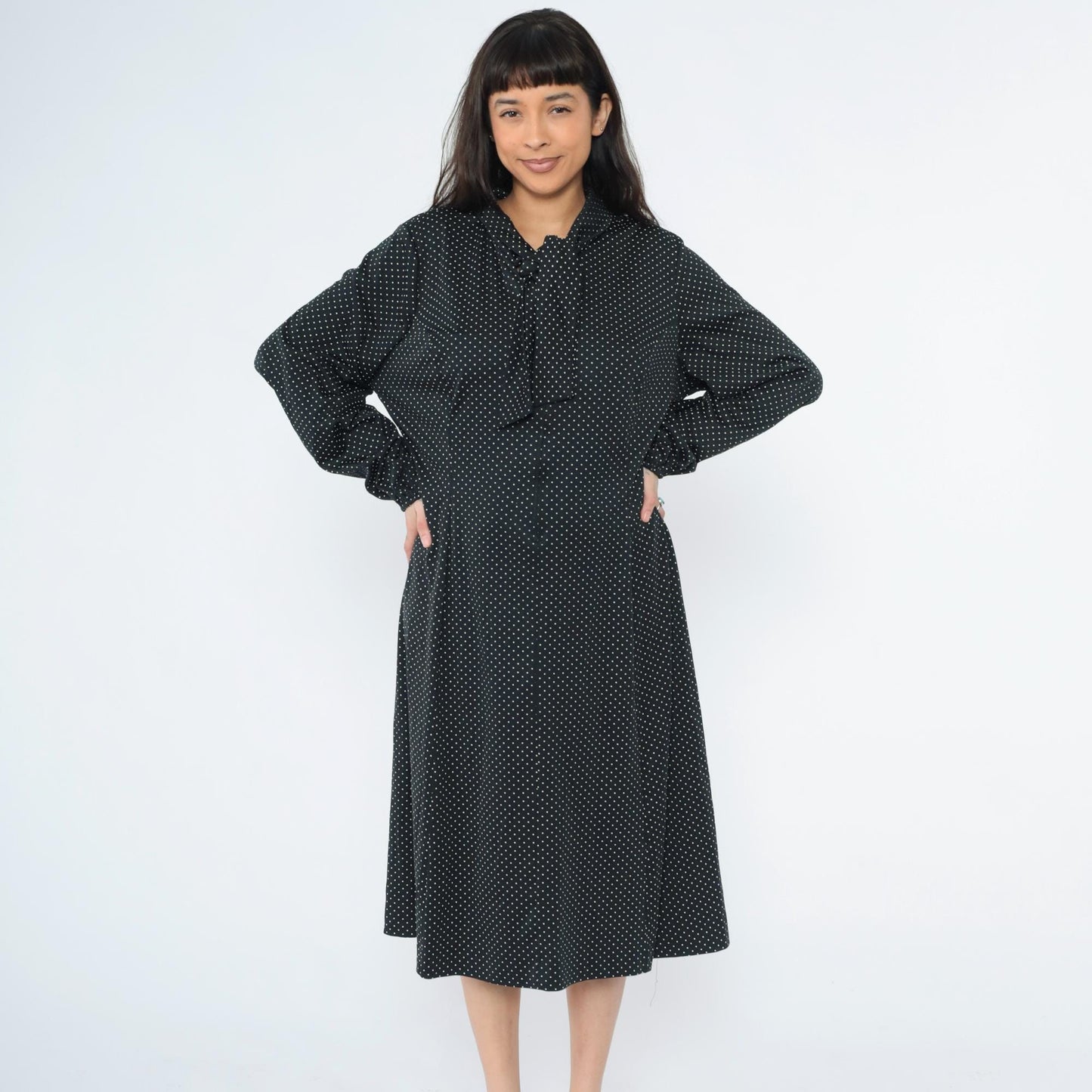 70s Black Polka Dot Ascot Midi Dress Long Sleeve Shift Plus Size XXL
