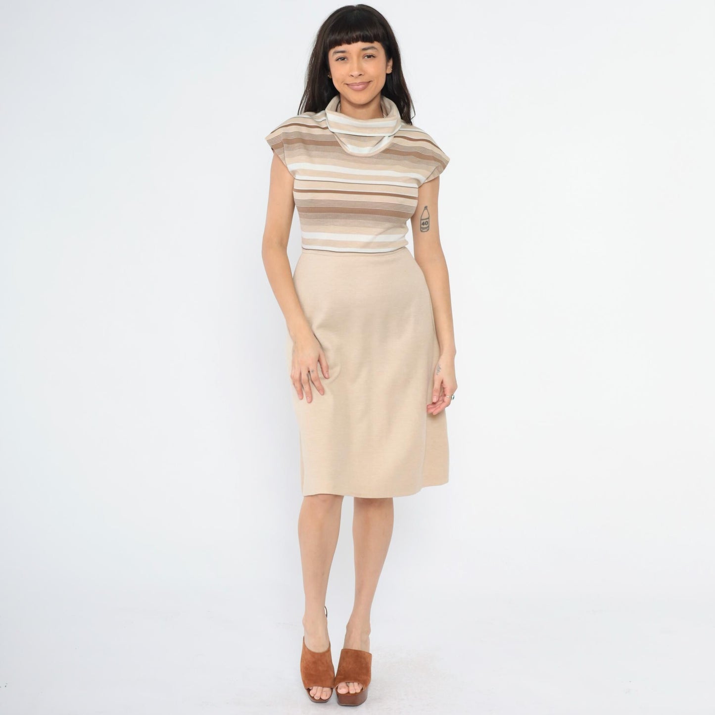 70s Tan Stripe Knit Dress Cowl Neck Cap Sleeve High Waist A-Line Small