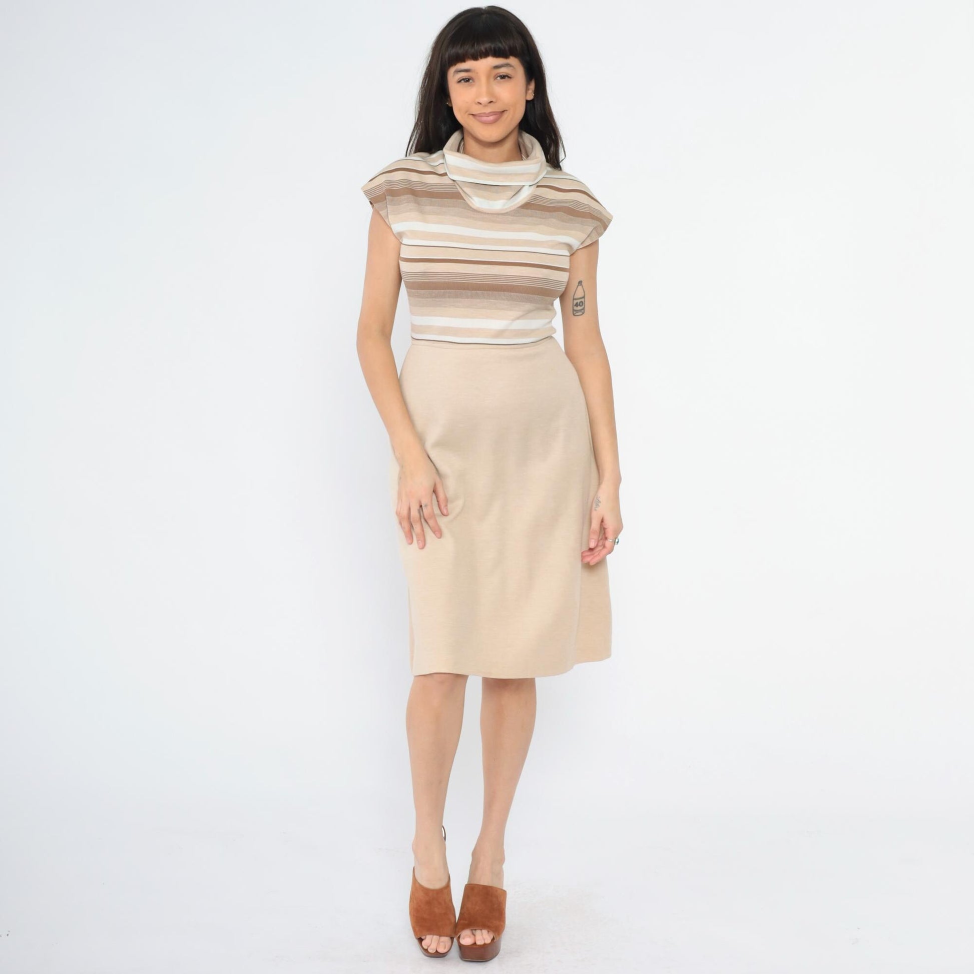 70s Tan Stripe Knit Dress Cowl Neck Cap Sleeve High Waist A-Line Small