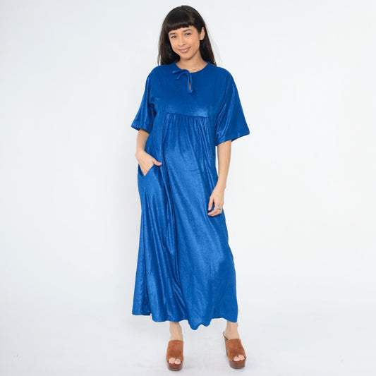 70s Paulette New York Terry Cloth Caftan Maxi Dress Royal Blue Keyhole Medium
