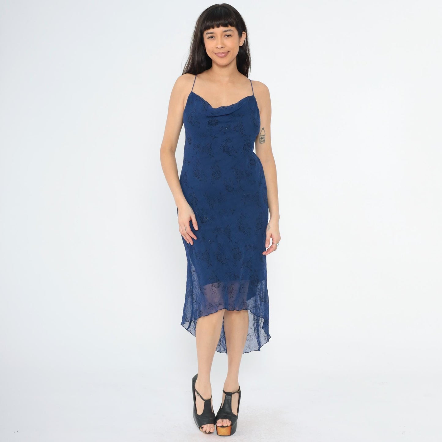 90s Dark Blue Floral Sparkly Chiffon Spaghetti Strap High-Low Midi Dress Medium 8