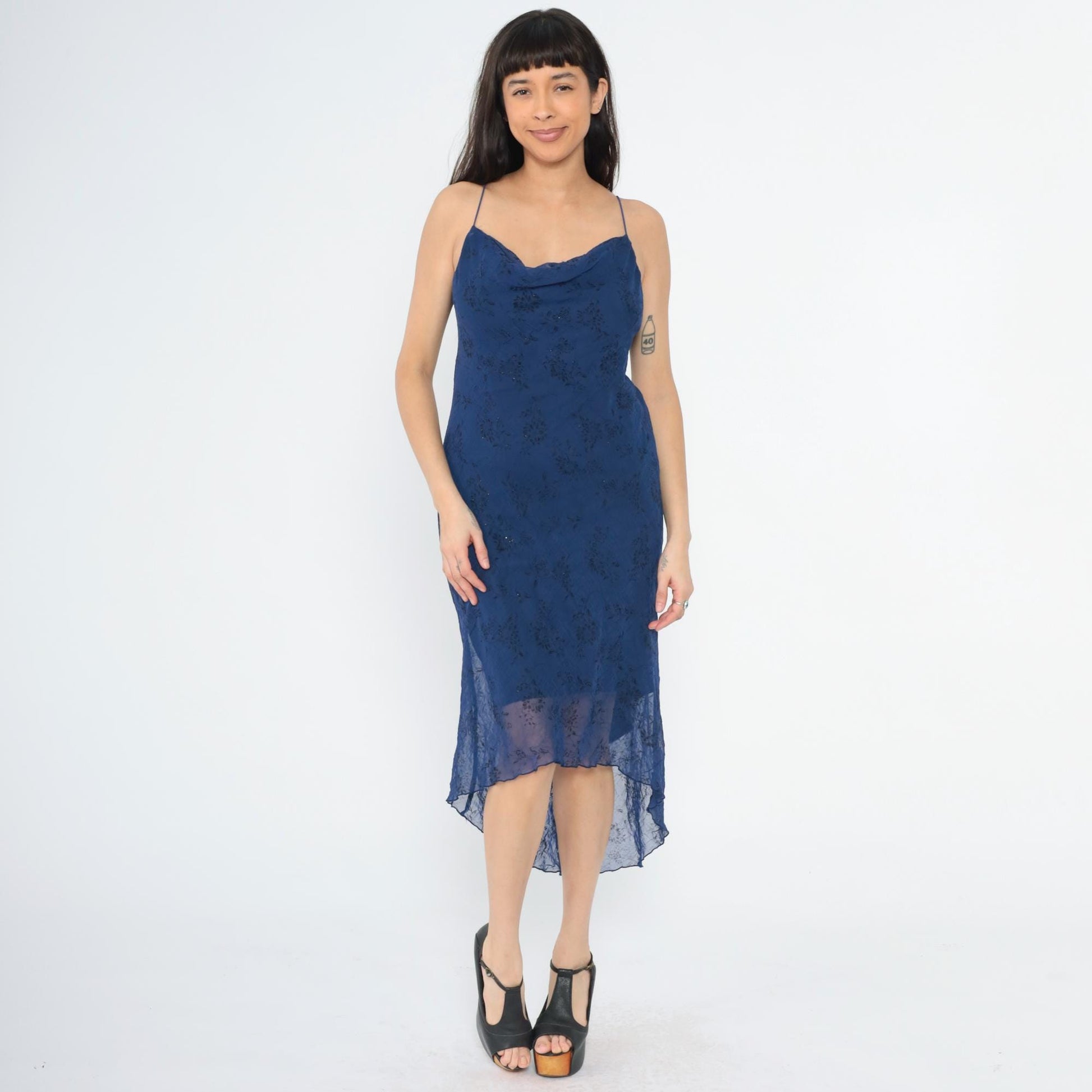 90s Dark Blue Floral Sparkly Chiffon Spaghetti Strap High-Low Midi Dress Medium 8
