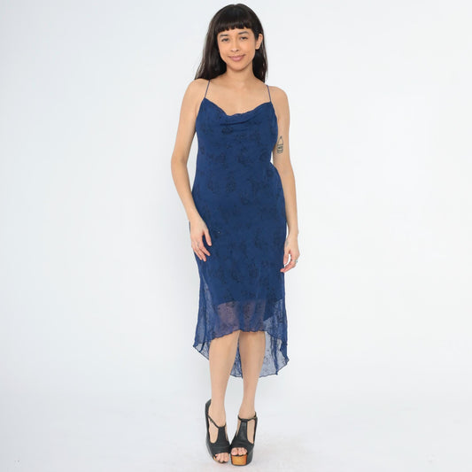 90s Dark Blue Floral Sparkly Chiffon Spaghetti Strap High-Low Midi Dress Medium 8