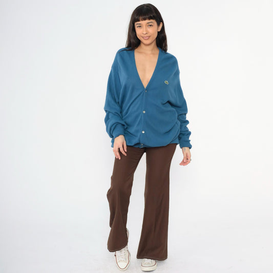 80s Izod Lacoste Blue Cardigan Sweater Crocodile Logo Knit Extra Large XL