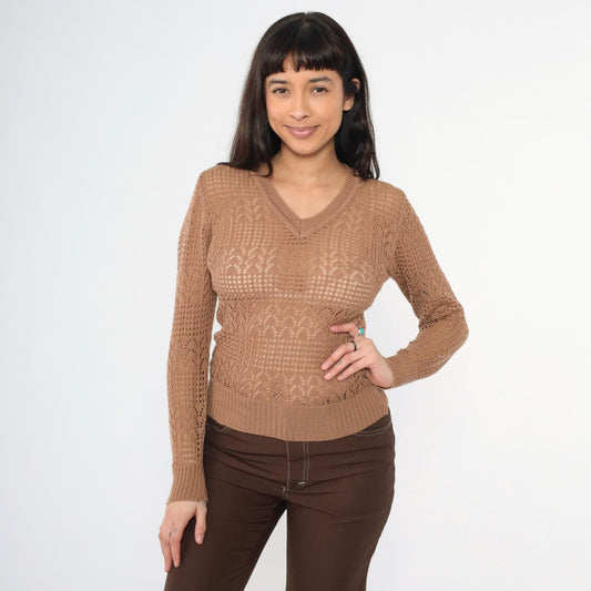 70s Empire Knitwear Sheer Brown Pointelle V-Neck Sweater Long Sleeve Extra Small