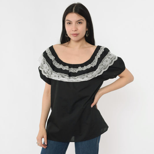 90s Black Peasant Blouse White Lace Trim Off-Shoulder Medium