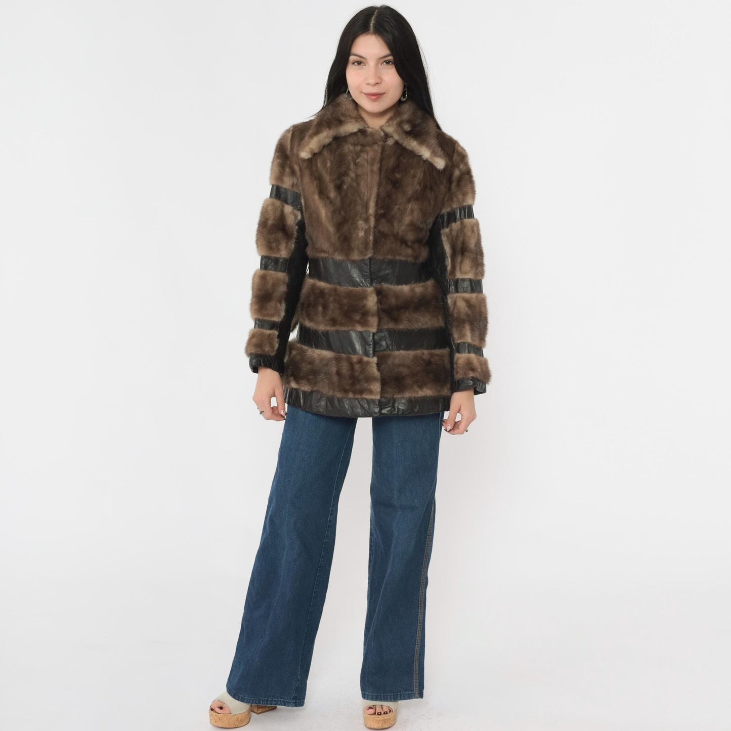 1970s Brown Leather Fur Patchwork Striped Mid-Length Jacket Small S