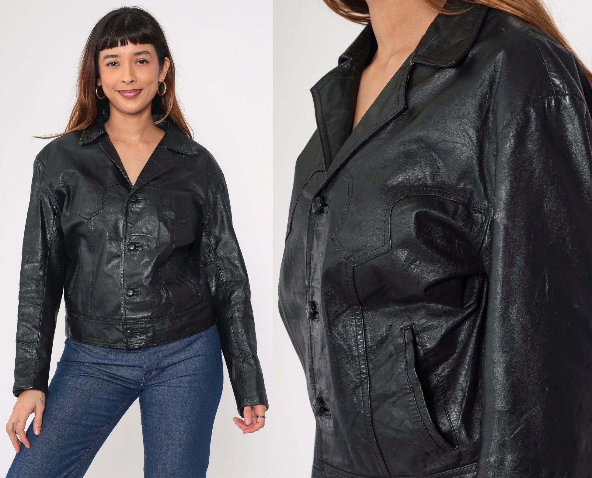 80s Black Leather Motorcycle Jacket Western Yoke Button Front Medium