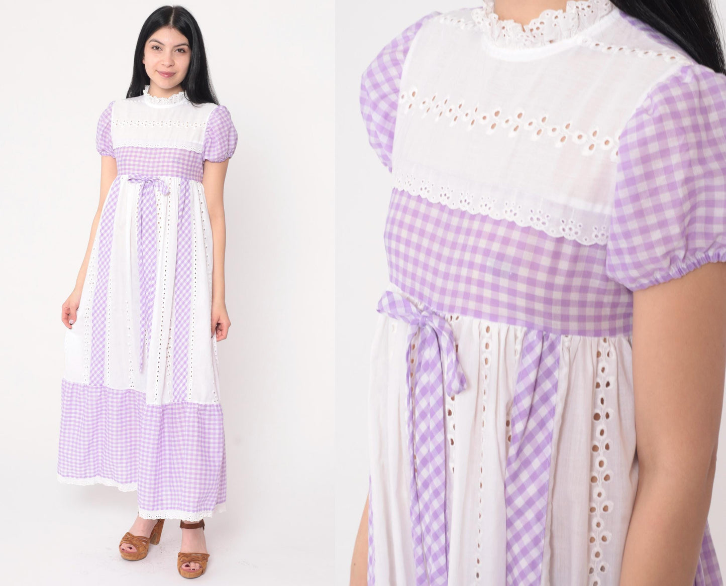 70s Youngland Gingham Maxi Dress Lavender Eyelet Empire Waist Puff Sleeve Extra Small