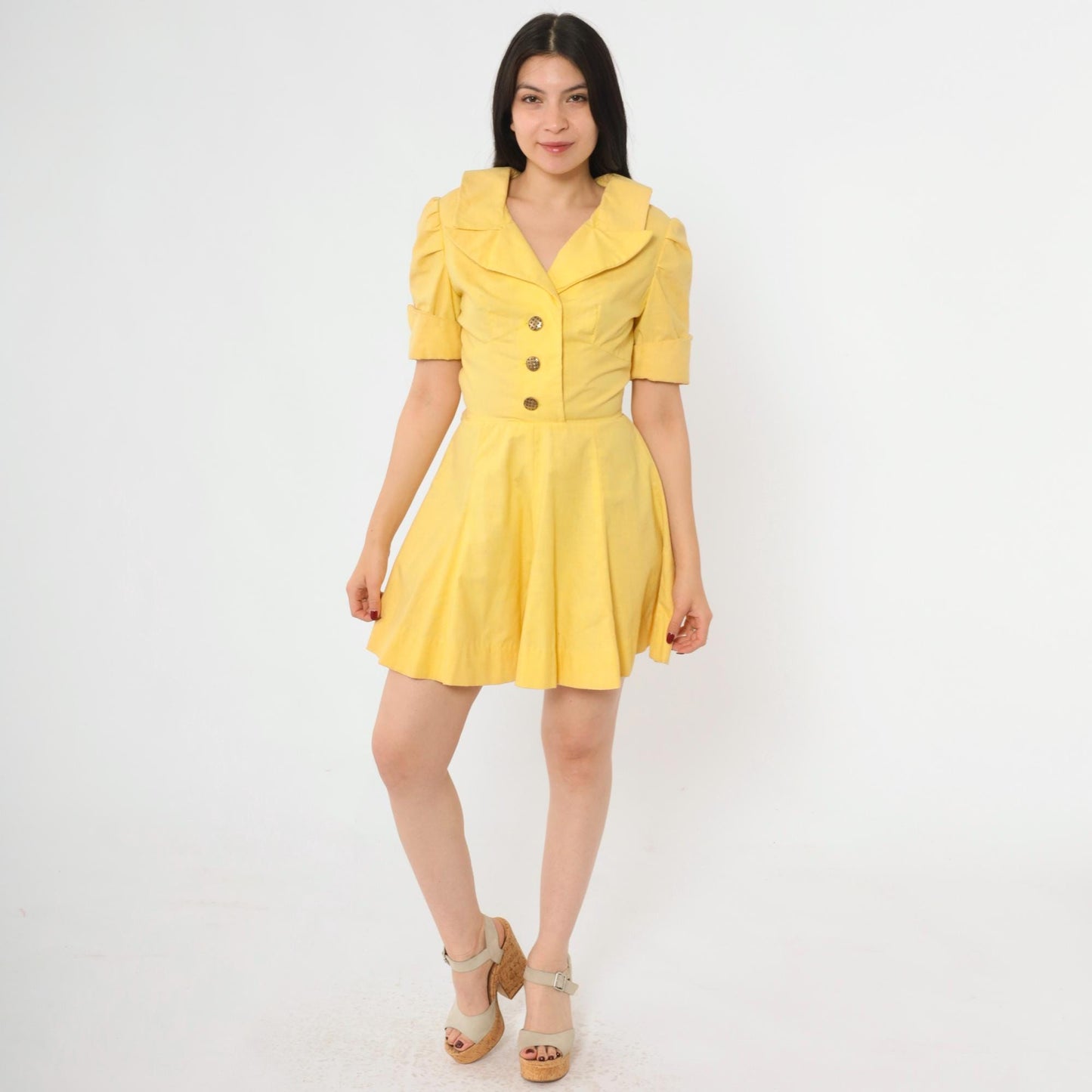 60s Yellow Mod Mini Dress Puff Sleeve Button-Up Collared A-Line Small