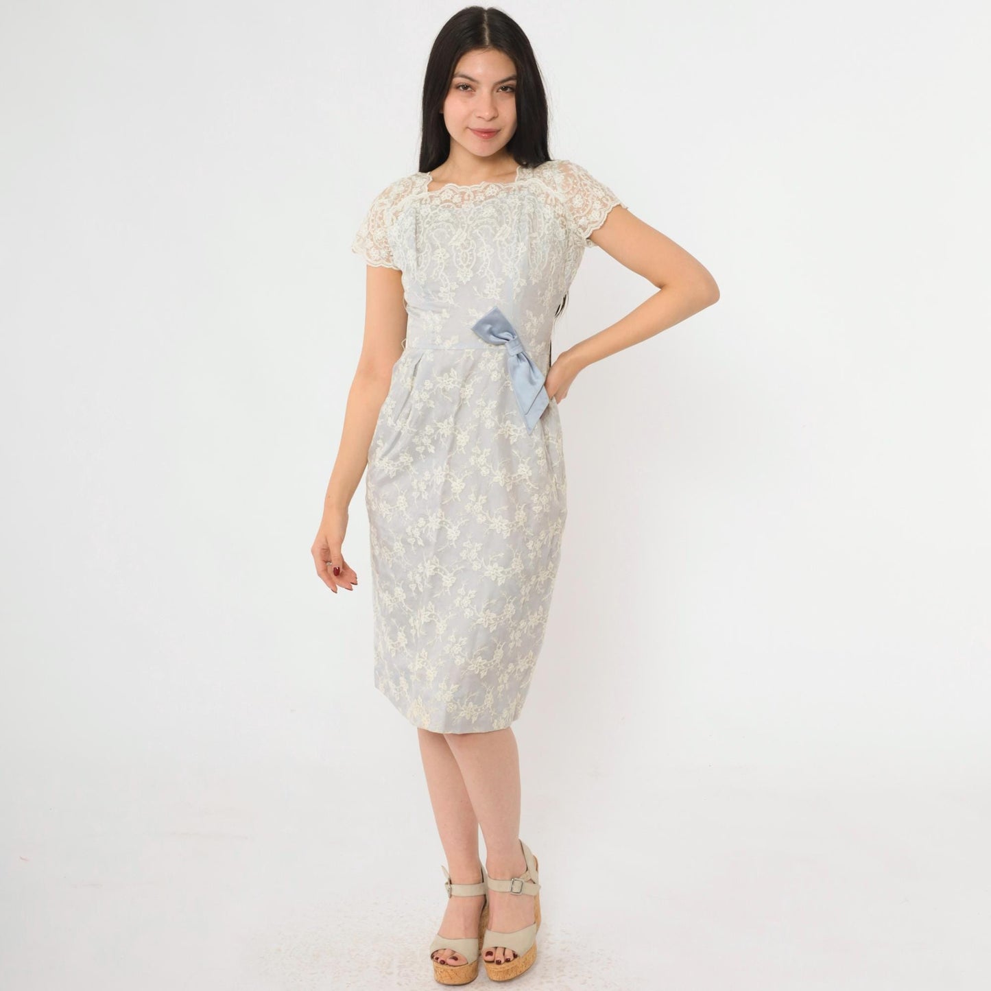 1950s Blue Lace Midi Dress Scalloped Cap Sleeve Satin Bow Extra Small XS