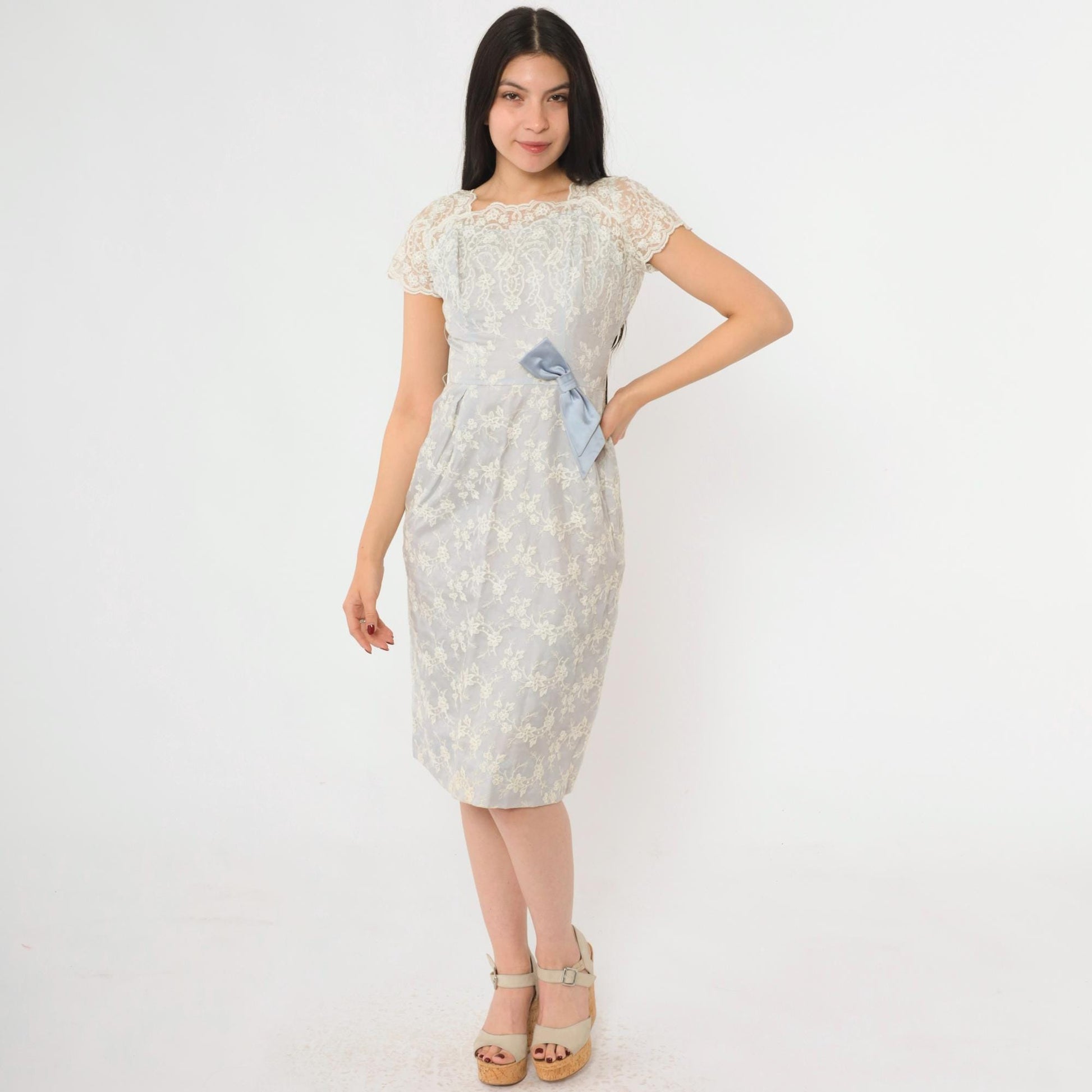 1950s Blue Lace Midi Dress Scalloped Cap Sleeve Satin Bow Extra Small XS