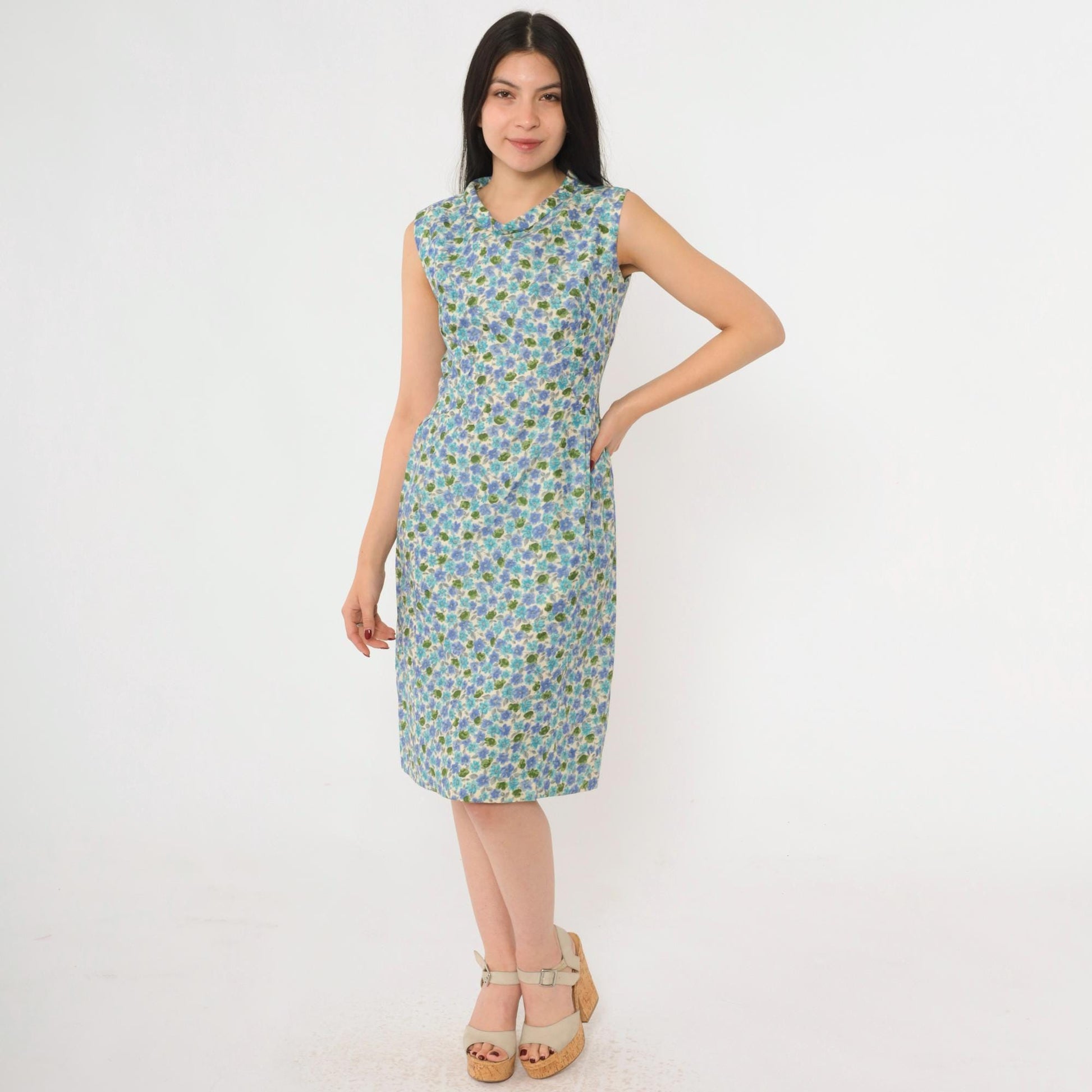 1960s Blue Green Floral Silk Sheath Dress Sleeveless Knee Length Extra Small