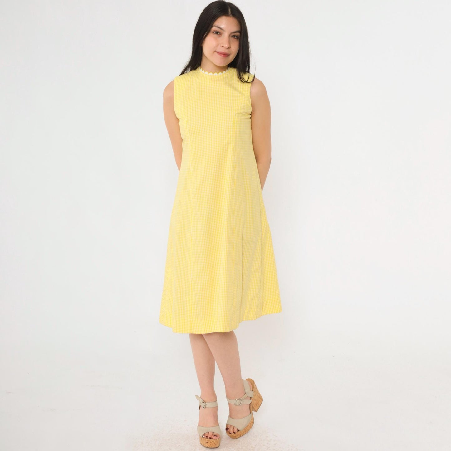 60s Yellow Gingham Sleeveless Dress Ric Rac Trim High Neck A-Line Knee Extra Small