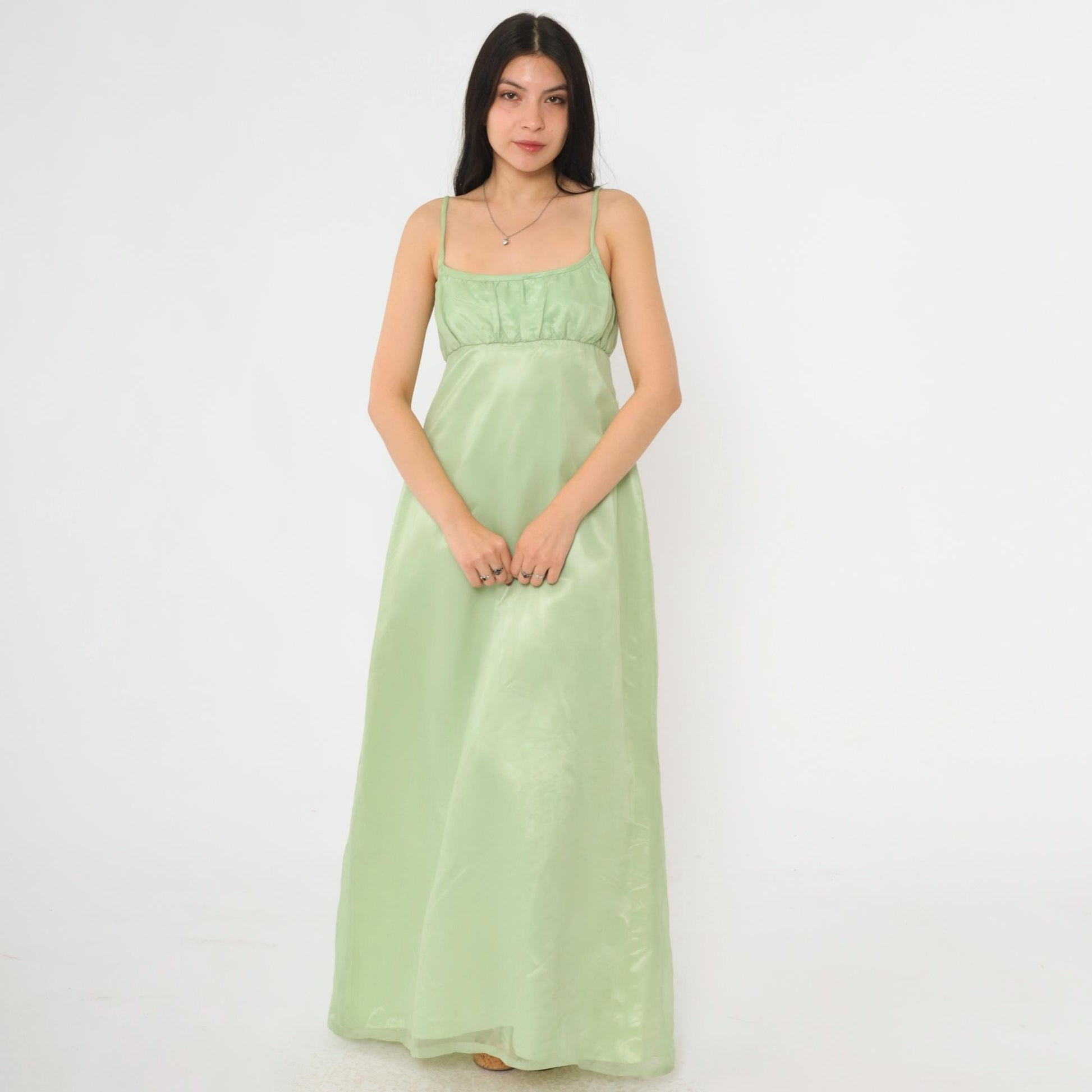 70s Light Green Empire Waist Maxi Dress Organdy Spaghetti Strap Formal Gown XS