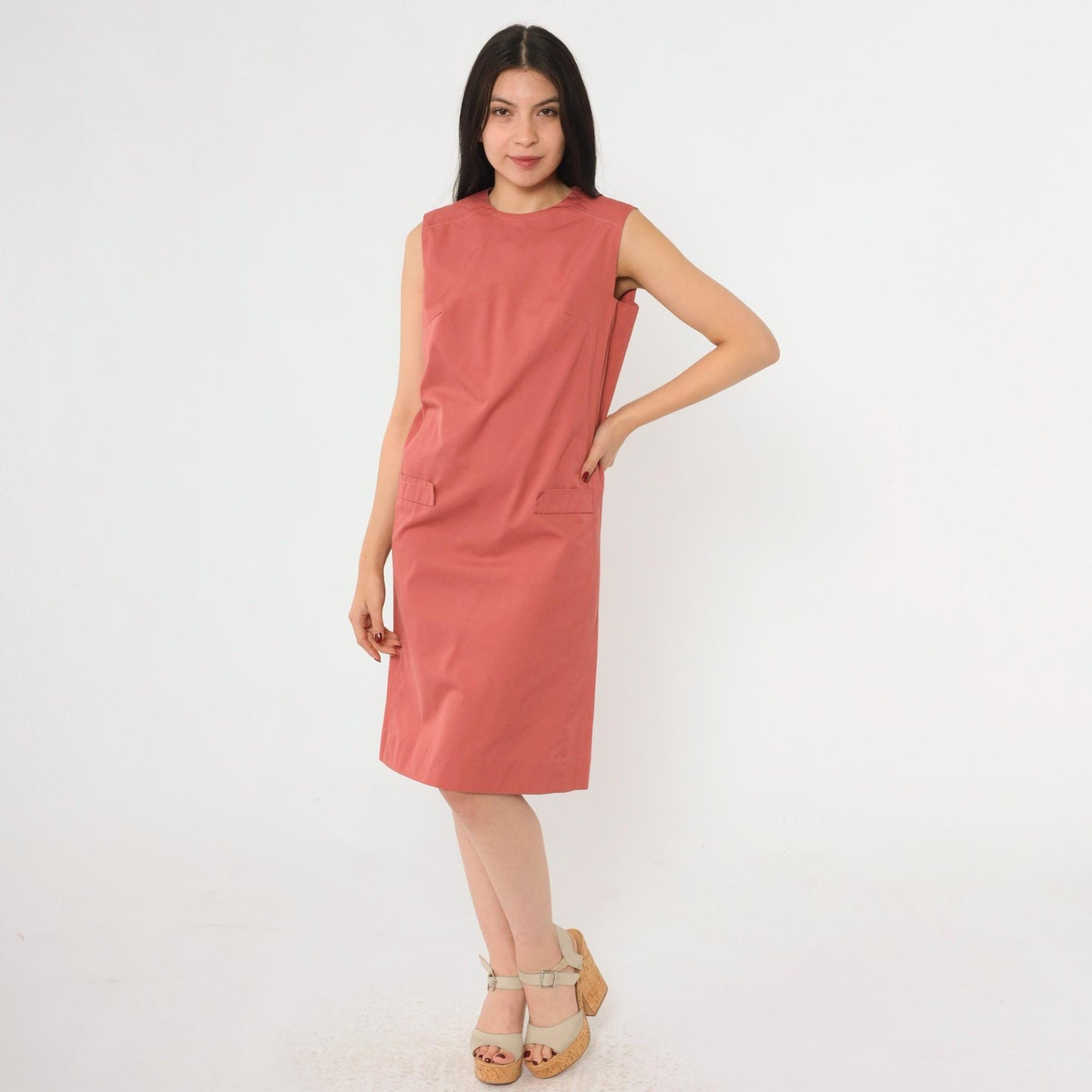 60s Mod Shift Dress Muted Red Sleeveless Knee Length Small